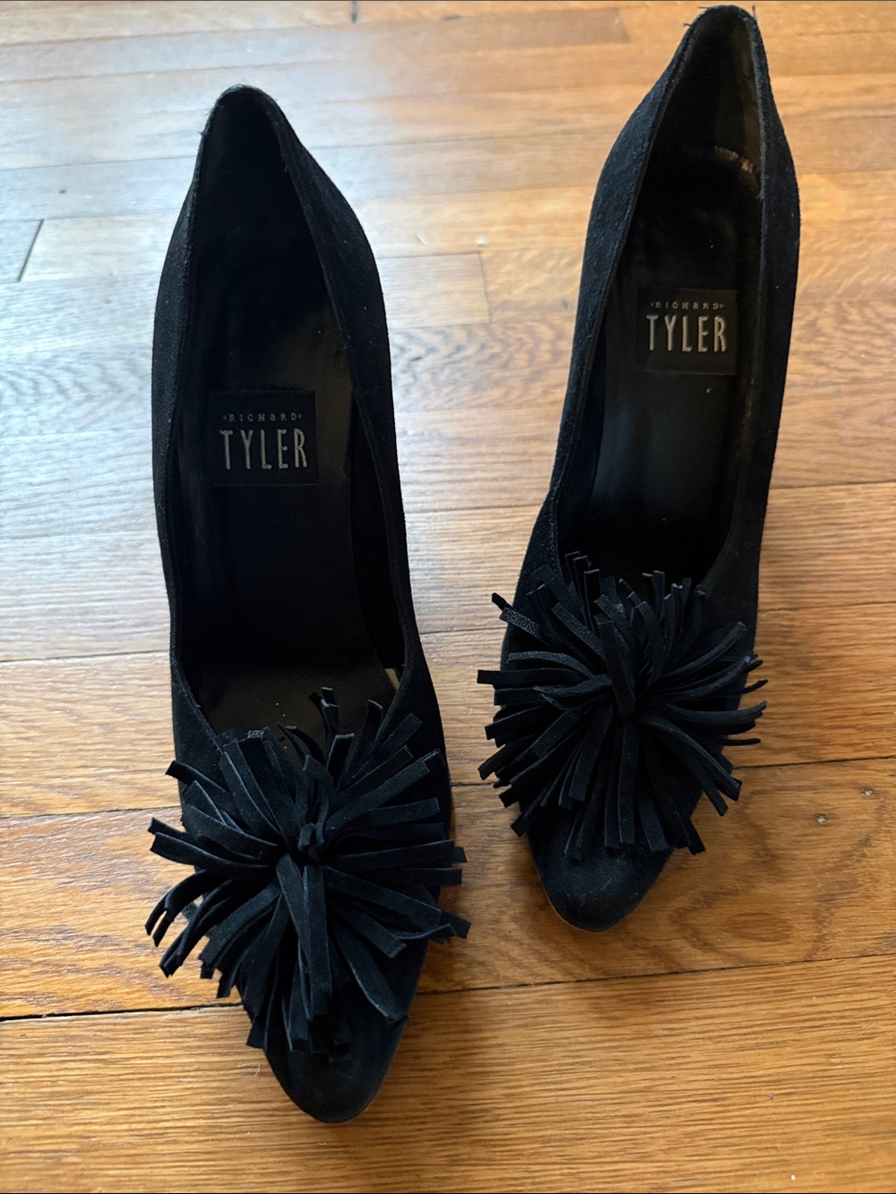 Richard Tyler Black Suede Pom-Pom Pointed Toe Heels